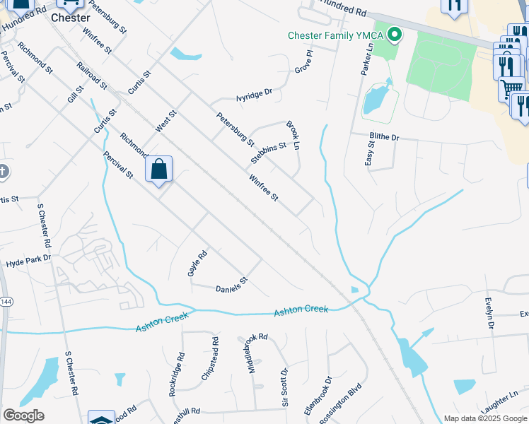 map of restaurants, bars, coffee shops, grocery stores, and more near 12649 Railroad Street in Chester