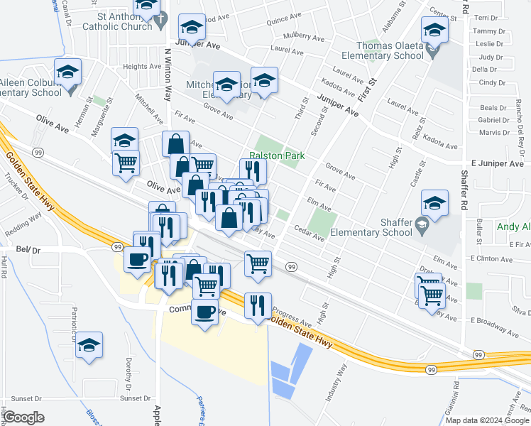 map of restaurants, bars, coffee shops, grocery stores, and more near 1129 Cedar Avenue in Atwater