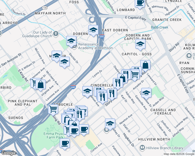 map of restaurants, bars, coffee shops, grocery stores, and more near 2071 Pacina Drive in San Jose