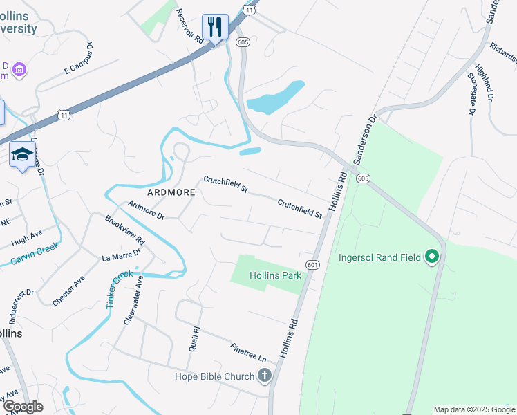 map of restaurants, bars, coffee shops, grocery stores, and more near 7021 Domaca Drive in Hollins