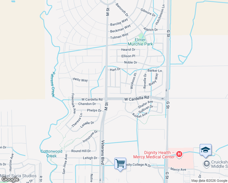 map of restaurants, bars, coffee shops, grocery stores, and more near 586 Glendon Court in Merced