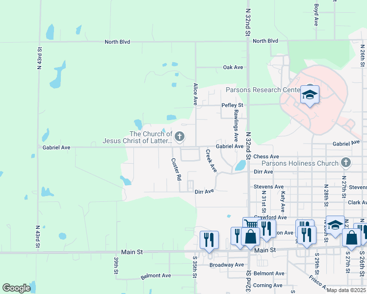 map of restaurants, bars, coffee shops, grocery stores, and more near 3455 Gabriel Avenue in Parsons