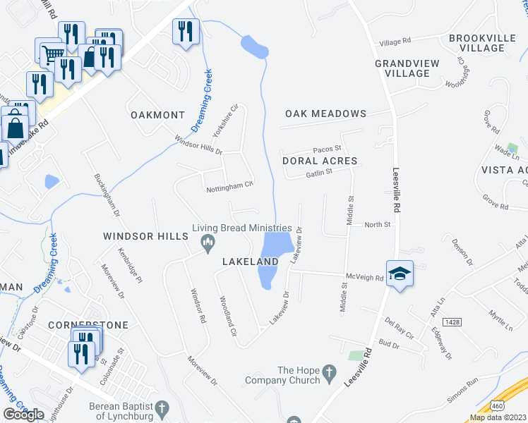 map of restaurants, bars, coffee shops, grocery stores, and more near 1506 Brookville Circle in Lynchburg