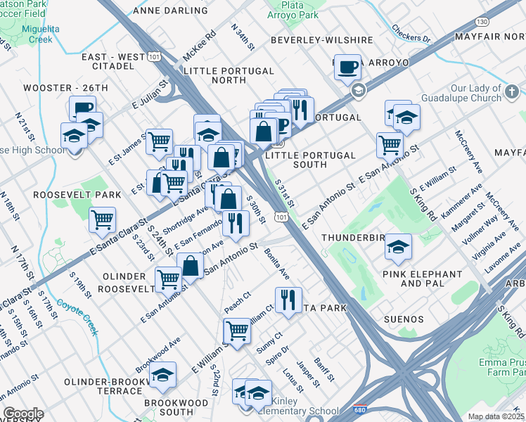 map of restaurants, bars, coffee shops, grocery stores, and more near 1453 Whitton Avenue in San Jose