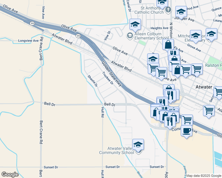 map of restaurants, bars, coffee shops, grocery stores, and more near 2108 Ukiah Court in Atwater