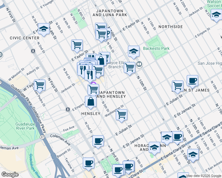 map of restaurants, bars, coffee shops, grocery stores, and more near 270 East Empire Street in San Jose