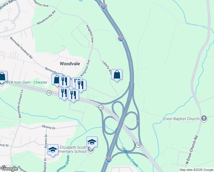 map of restaurants, bars, coffee shops, grocery stores, and more near 900 Bermuda Hundred Road in Chester