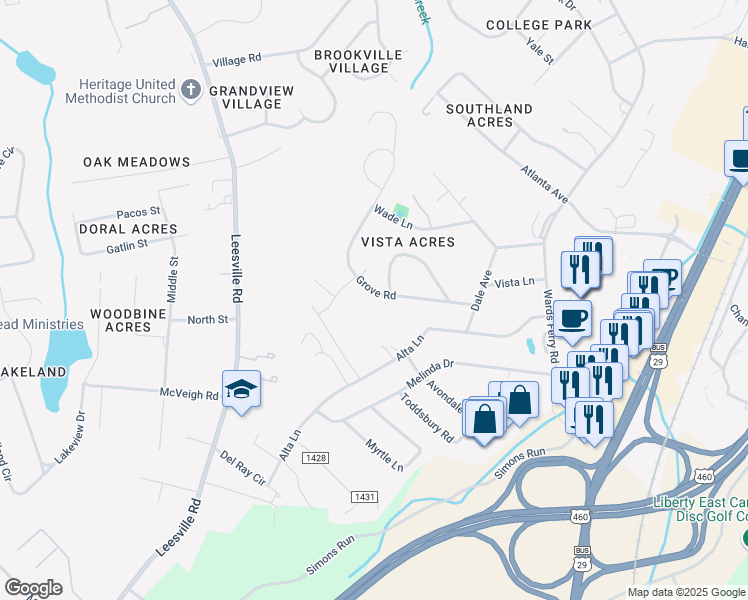 map of restaurants, bars, coffee shops, grocery stores, and more near 1203 Grove Road in Lynchburg