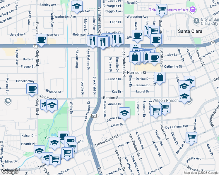 map of restaurants, bars, coffee shops, grocery stores, and more near 2356 Kay Drive in Santa Clara