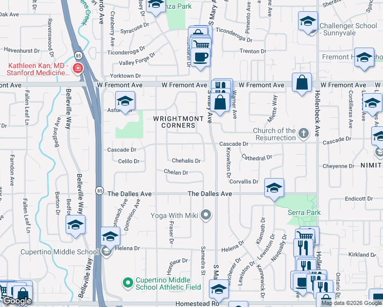 map of restaurants, bars, coffee shops, grocery stores, and more near 942 Chehalis Drive in Sunnyvale