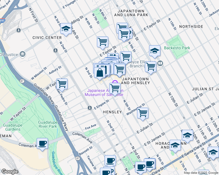 map of restaurants, bars, coffee shops, grocery stores, and more near 544 North 4th Street in San Jose