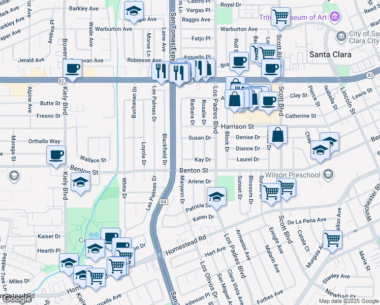 map of restaurants, bars, coffee shops, grocery stores, and more near 2356 Kay Drive in Santa Clara