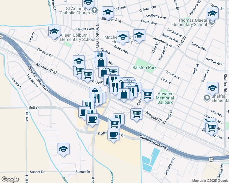 map of restaurants, bars, coffee shops, grocery stores, and more near 1400 Broadway Avenue in Atwater