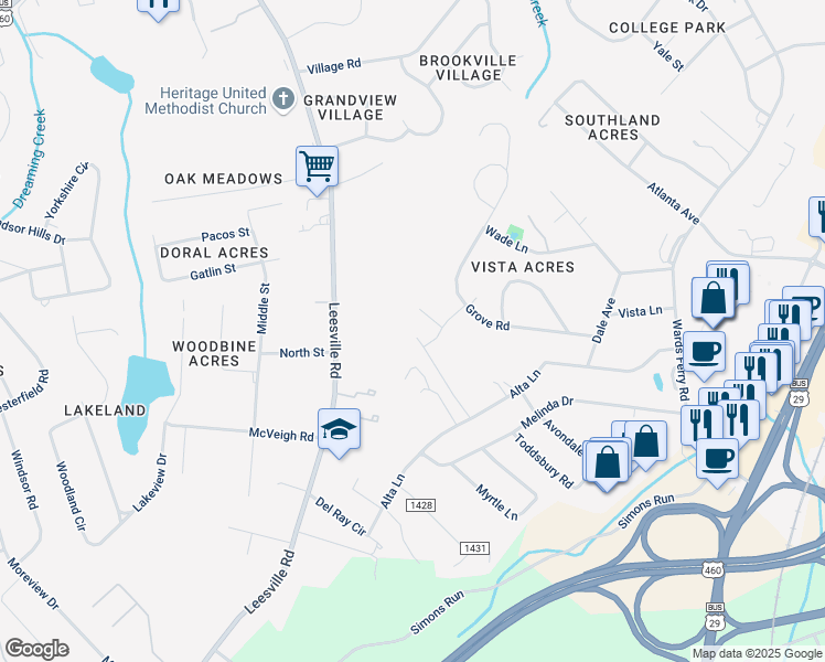 map of restaurants, bars, coffee shops, grocery stores, and more near 313 Bentley Grove Way in Lynchburg