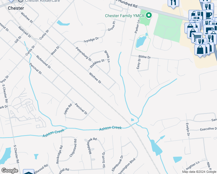 map of restaurants, bars, coffee shops, grocery stores, and more near 12681 Winfree Street in Chester