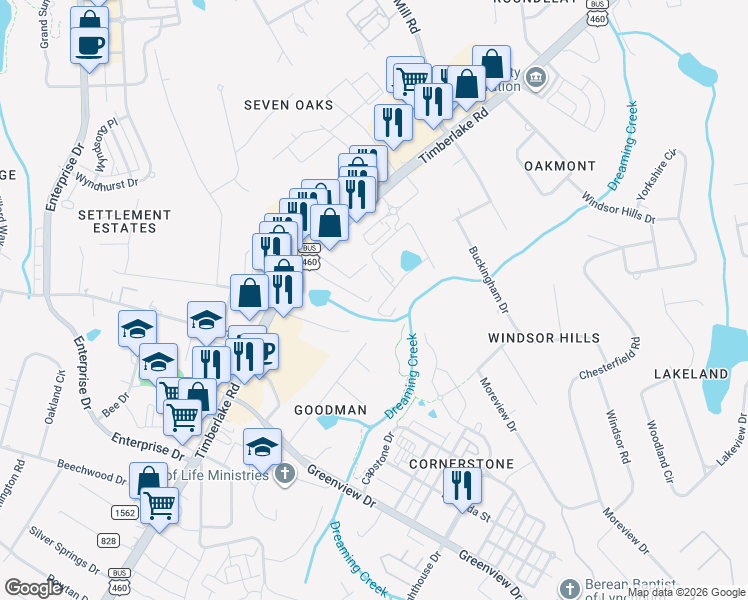 map of restaurants, bars, coffee shops, grocery stores, and more near 8108 Timberlake Road in Lynchburg