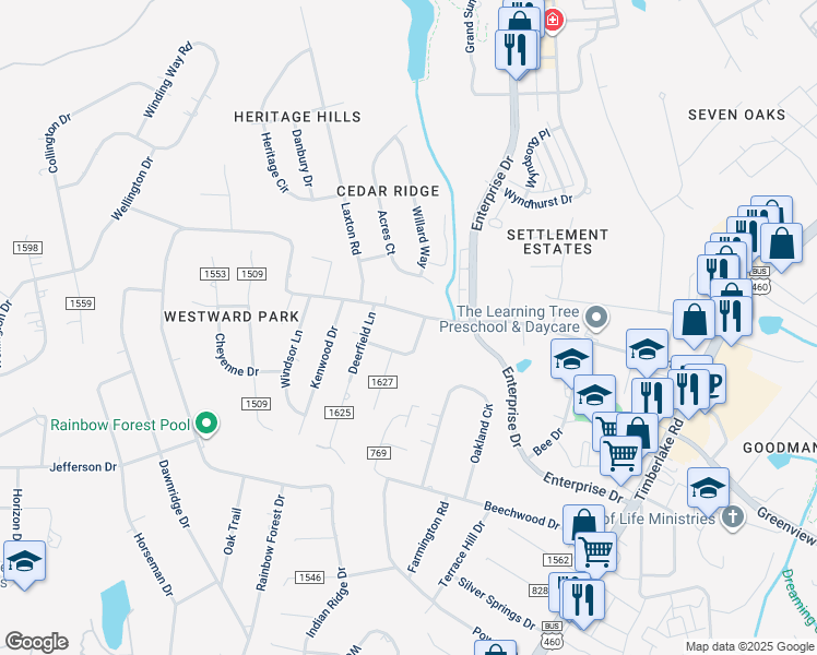 map of restaurants, bars, coffee shops, grocery stores, and more near 646 Laxton Road in Lynchburg