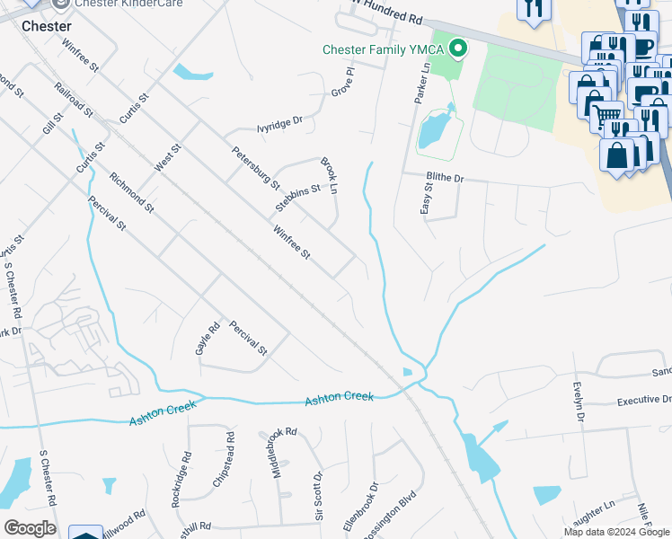 map of restaurants, bars, coffee shops, grocery stores, and more near 12681 Winfree Street in Chester