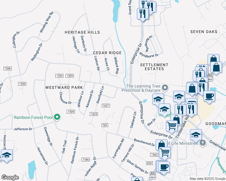map of restaurants, bars, coffee shops, grocery stores, and more near 646 Laxton Road in Lynchburg