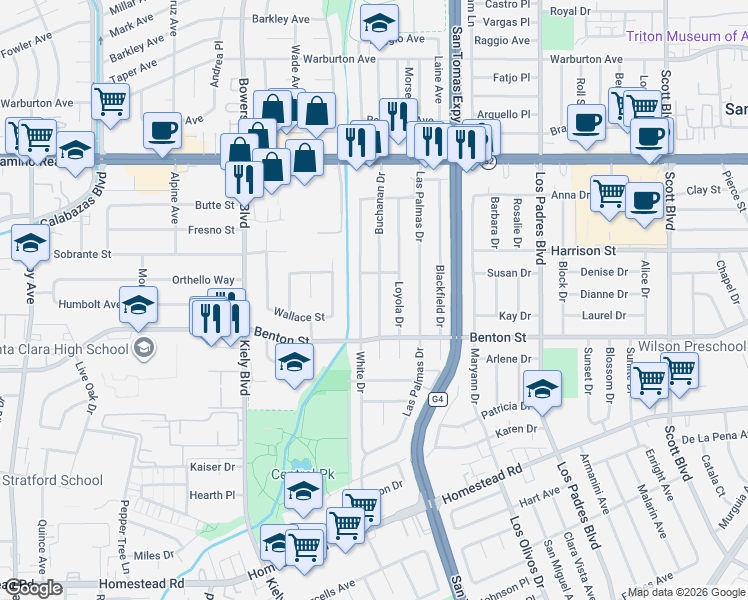 map of restaurants, bars, coffee shops, grocery stores, and more near 1138 White Drive in Santa Clara
