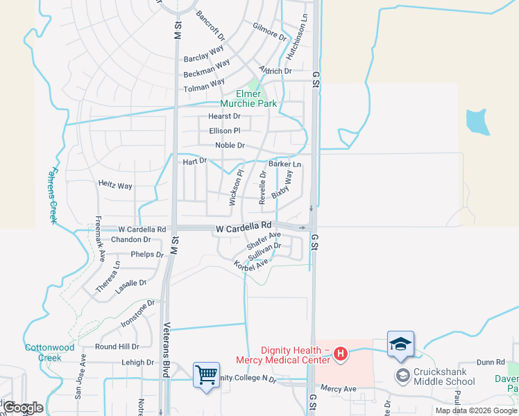 map of restaurants, bars, coffee shops, grocery stores, and more near 4308 Strathmore Place in Merced