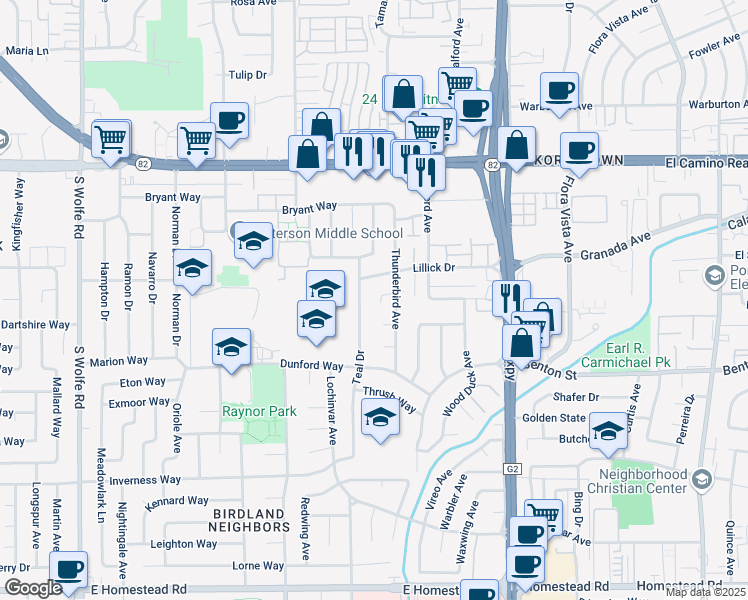 map of restaurants, bars, coffee shops, grocery stores, and more near 1151 Cotswald Court in Sunnyvale