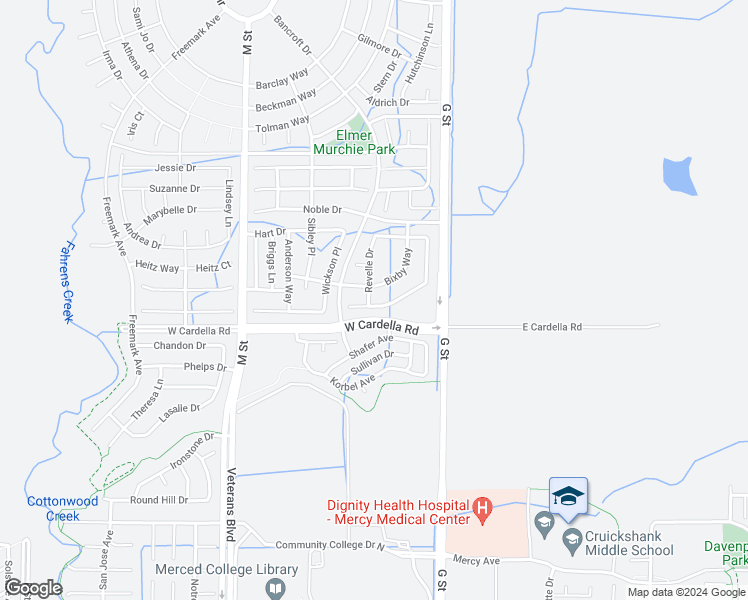 map of restaurants, bars, coffee shops, grocery stores, and more near 4321 Strathmore Place in Merced