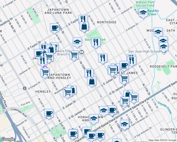 map of restaurants, bars, coffee shops, grocery stores, and more near 386 North 10th Street in San Jose