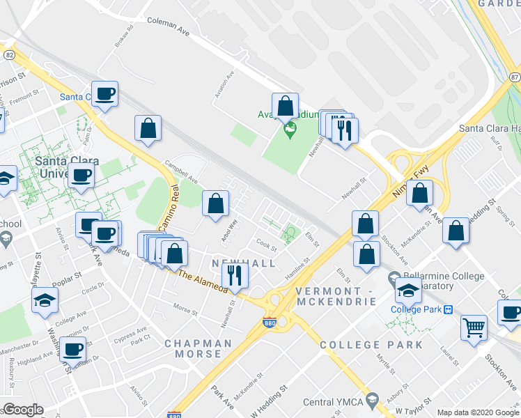 map of restaurants, bars, coffee shops, grocery stores, and more near 1399 De Altura Common in San Jose