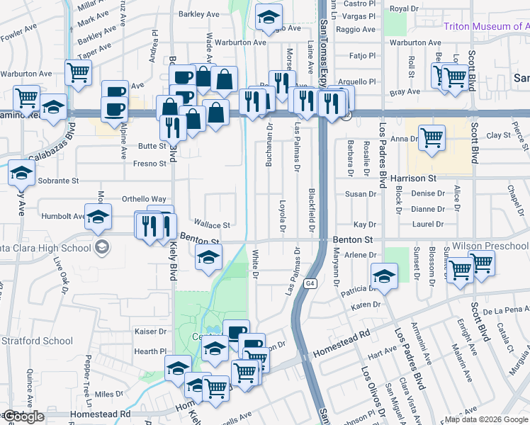 map of restaurants, bars, coffee shops, grocery stores, and more near 1138 White Drive in Santa Clara