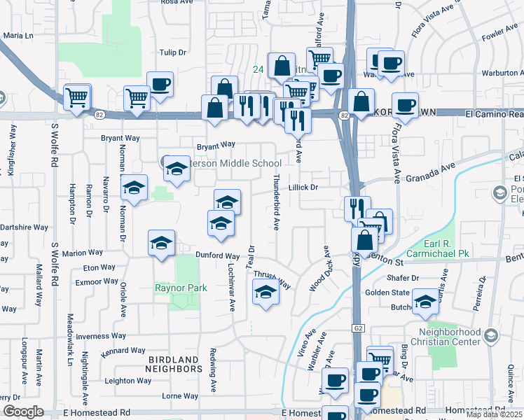 map of restaurants, bars, coffee shops, grocery stores, and more near 1151 Cotswald Court in Sunnyvale