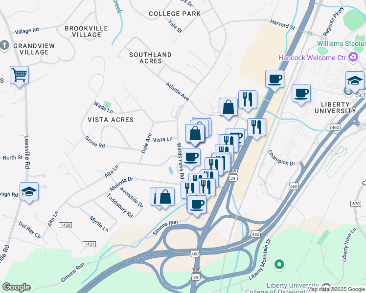 map of restaurants, bars, coffee shops, grocery stores, and more near 1198 Wards Ferry Road in Lynchburg