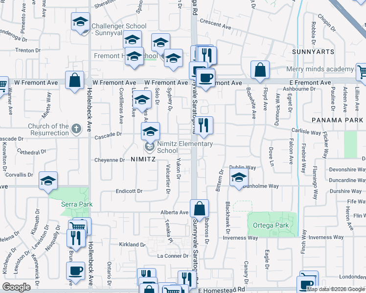 map of restaurants, bars, coffee shops, grocery stores, and more near 528 Castlerock Court in Sunnyvale