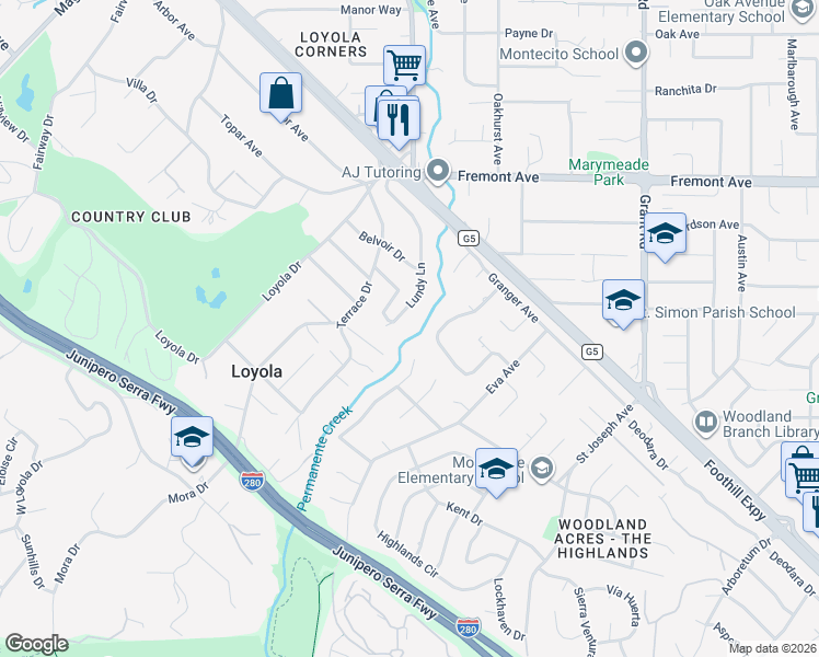 map of restaurants, bars, coffee shops, grocery stores, and more near 1316 Montclaire Way in Los Altos