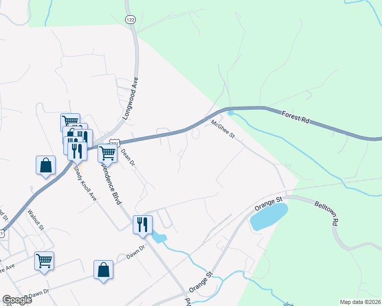 map of restaurants, bars, coffee shops, grocery stores, and more near 1939 Woodside Avenue in Bedford