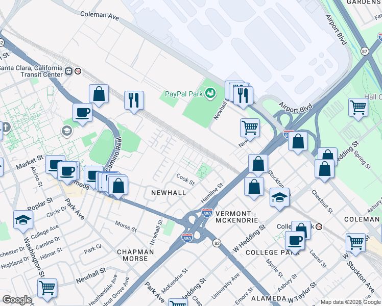 map of restaurants, bars, coffee shops, grocery stores, and more near 940 Alegre Place in San Jose