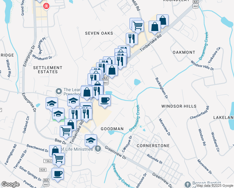 map of restaurants, bars, coffee shops, grocery stores, and more near 8108 Timberlake Road in Lynchburg