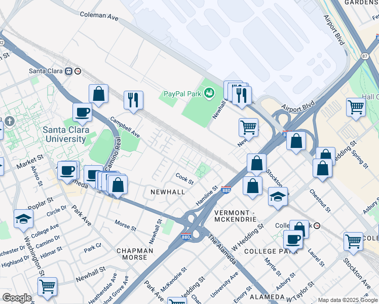 map of restaurants, bars, coffee shops, grocery stores, and more near 907 Rancho Place in San Jose