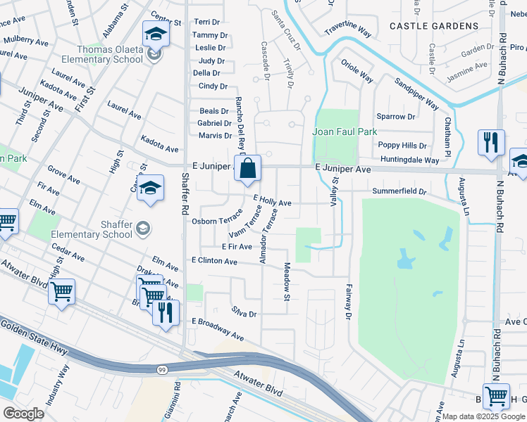 map of restaurants, bars, coffee shops, grocery stores, and more near 1666 Vann Terrace in Atwater