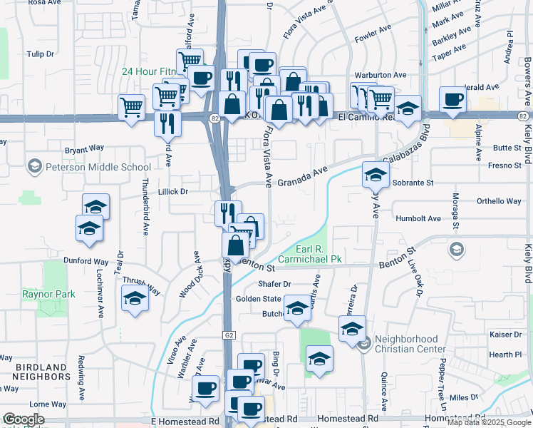 map of restaurants, bars, coffee shops, grocery stores, and more near 3500 Granada Avenue in Santa Clara