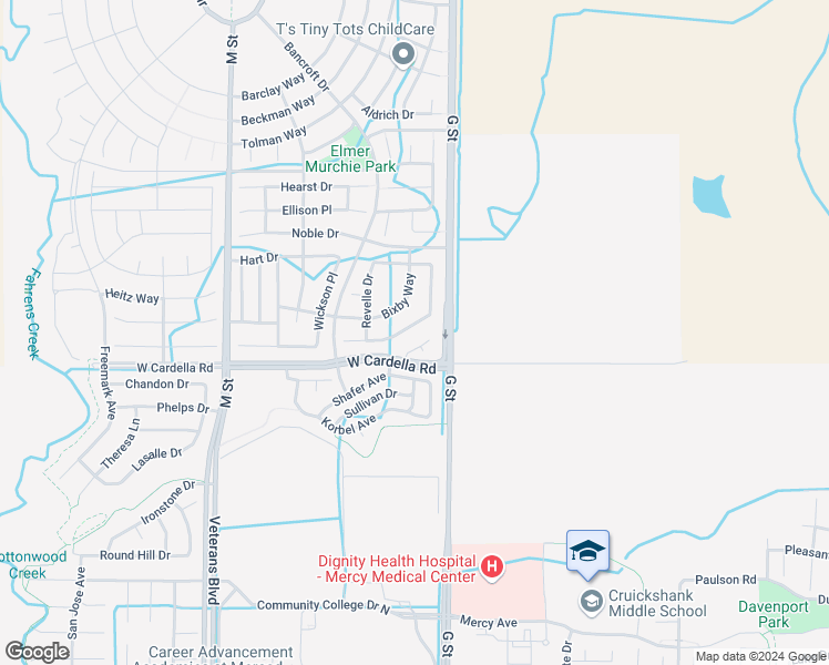 map of restaurants, bars, coffee shops, grocery stores, and more near 4342 Strathmore Place in Merced