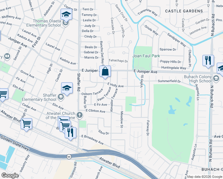 map of restaurants, bars, coffee shops, grocery stores, and more near 1666 Vann Terrace in Atwater