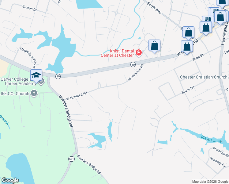 map of restaurants, bars, coffee shops, grocery stores, and more near 5401 West Hundred Road in Chester