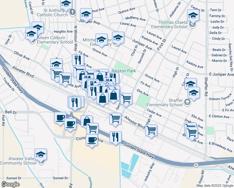 map of restaurants, bars, coffee shops, grocery stores, and more near 1210 Third Street in Atwater