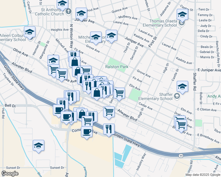 map of restaurants, bars, coffee shops, grocery stores, and more near 1210 Third Street in Atwater