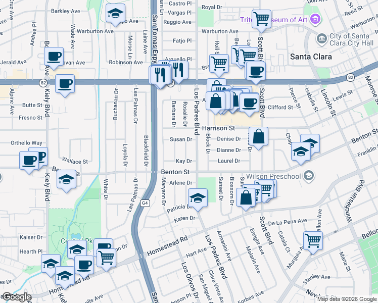 map of restaurants, bars, coffee shops, grocery stores, and more near 1177 Janice Drive in Santa Clara