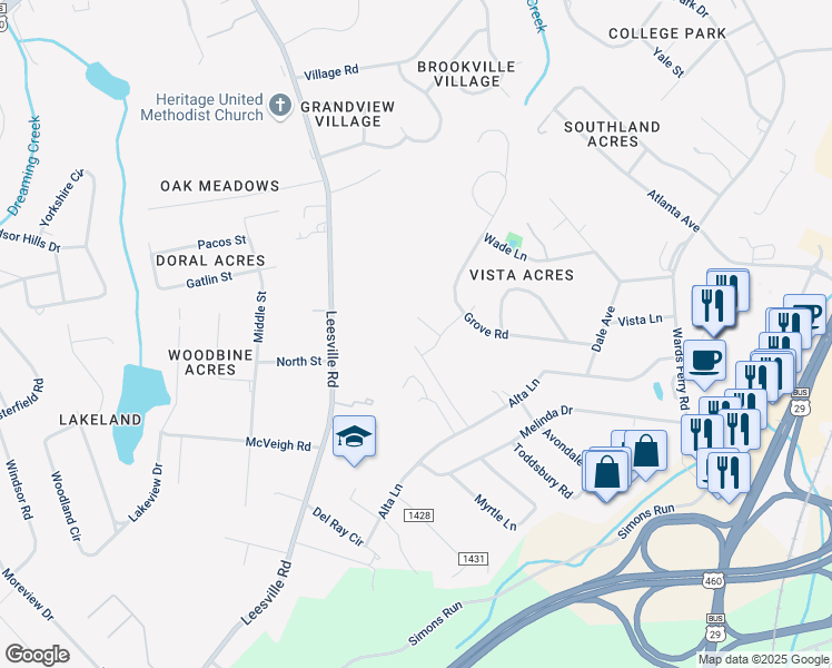 map of restaurants, bars, coffee shops, grocery stores, and more near 650-698 Denson Drive in Lynchburg