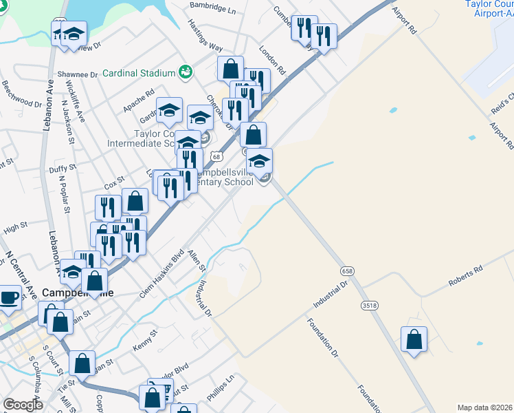 map of restaurants, bars, coffee shops, grocery stores, and more near 315 Roberts Road in Campbellsville