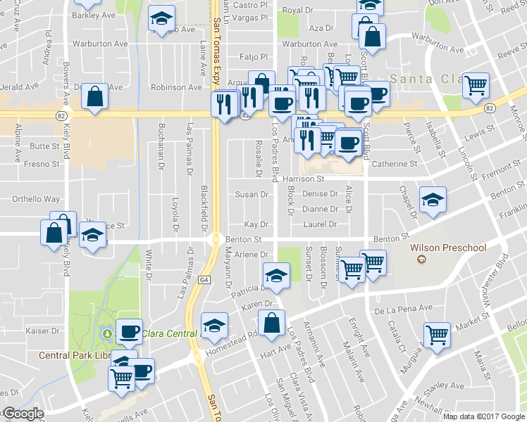 map of restaurants, bars, coffee shops, grocery stores, and more near 1177 Janice Drive in Santa Clara