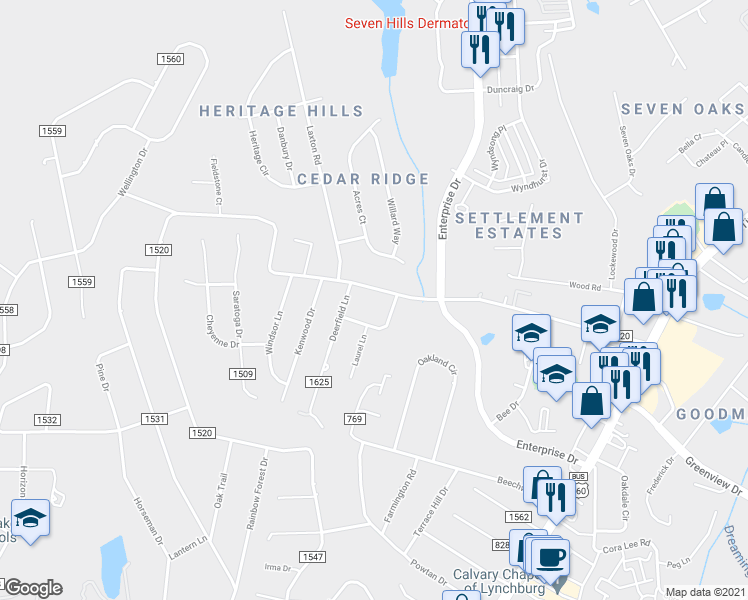 map of restaurants, bars, coffee shops, grocery stores, and more near 664 Laxton Road in Lynchburg
